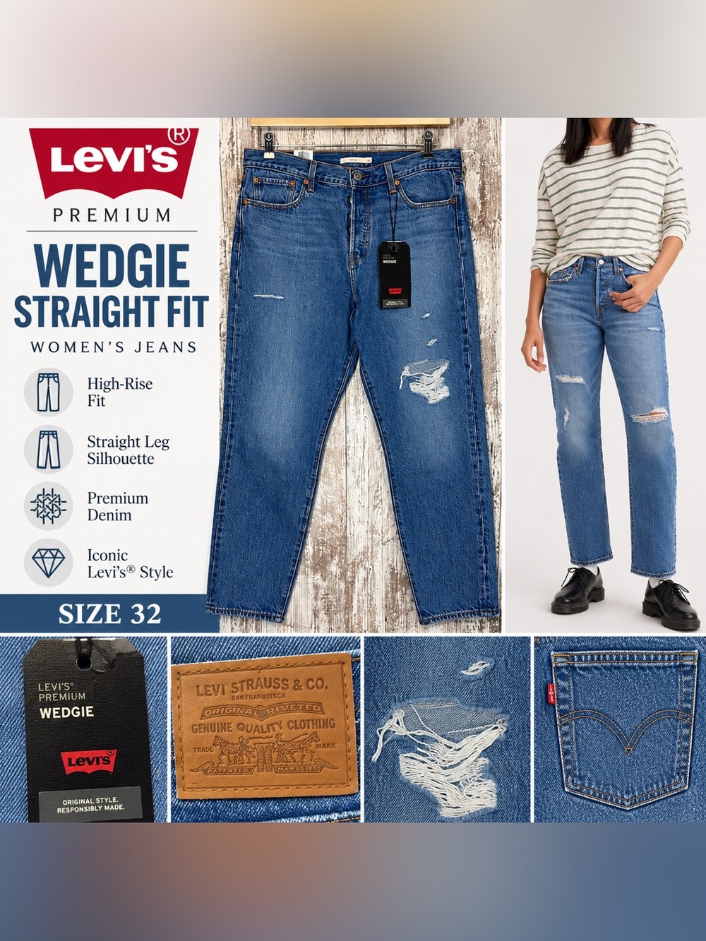 Levi’s Premium Wedgie Straight Fit Distressed Jeans Women’s Size 32 NWT